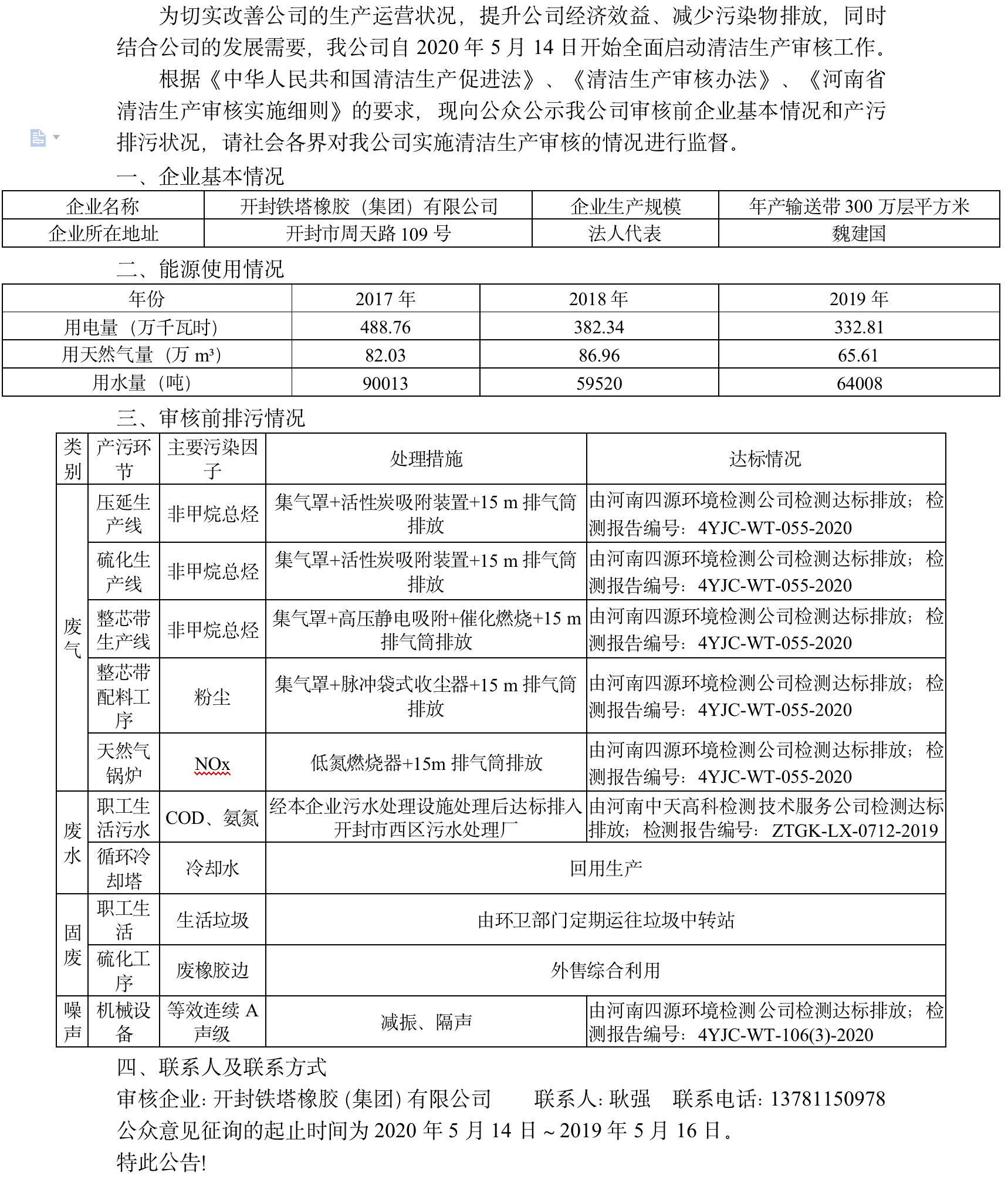 开封铁塔橡胶（集团）有限公司清洁生产审核第一次公示